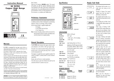 Hanna Instruments HI 93702 Copper High Range ISM Instruction Manual - cover page