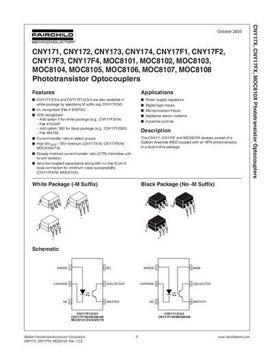 FAIRCHILD SEMICONDUCTOR - CNY171 CNY172 CNY173 CNY174 CNY17F1 CNY17F2 CNY17F3 CNY17F4 MOC8101 MOC8102 MOC8103 MOC8104 MOC8105 MOC8106 MOC8107 MOC8108 Phototransistor Optocouplers hand - cover page