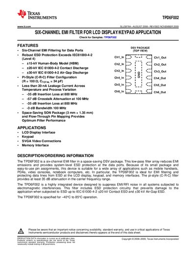 Texas Instruments TPD6F002 Six-Channel EMI Filter Datasheet - cover page