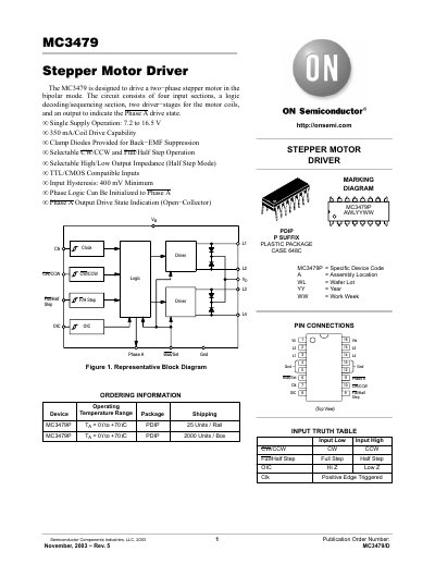 ON Semiconductor MC3479 Stepper Motor Driver Datasheet - cover page