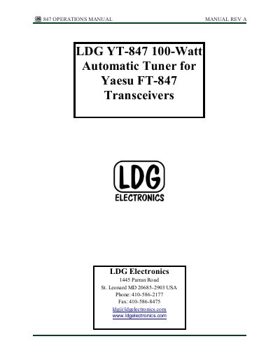 LDG YT-847 Automatic Tuner Operations Manual - cover page