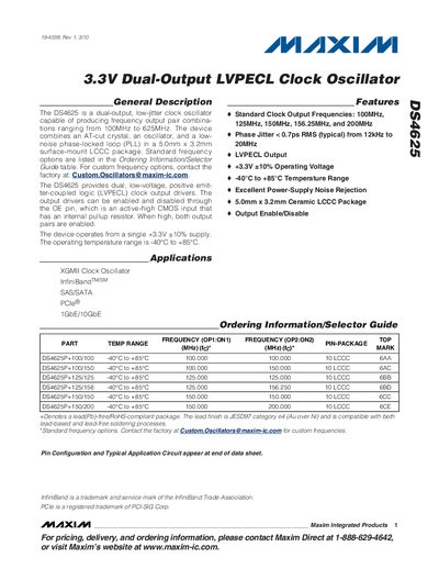Maxim DS4625 3.3V Dual-Output LVPECL Clock Oscillator Datasheet - cover page