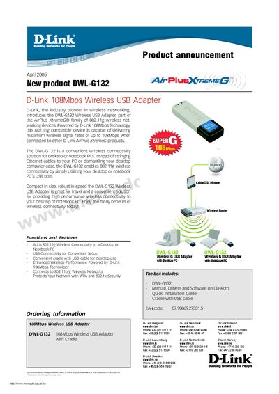 D-Link DWL-G132 Wireless USB Adapter Product Announcement - cover page
