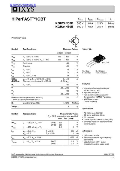 IXYS IXGH24N50B/IXGH24N60B IGBT Preliminary Datasheet - cover page