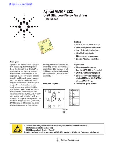 Agilent AMMP-6220 6-20 GHz Low Noise Amplifier Data Sheet - cover page