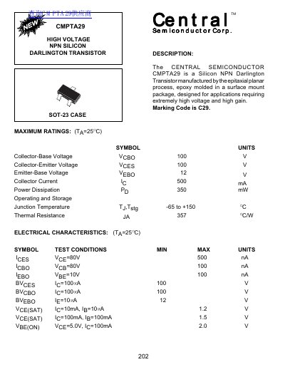Central Semiconductor CMPTA29 High Voltage NPN Silicon Darlington Transistor Datasheet - cover page