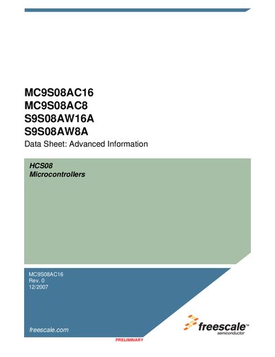 FREESCALE SEMICONDUCTOR MC9S08AC16 MC9S08AC8 S9S08AW16A S9S08AW8A Data Sheet Manual - cover page