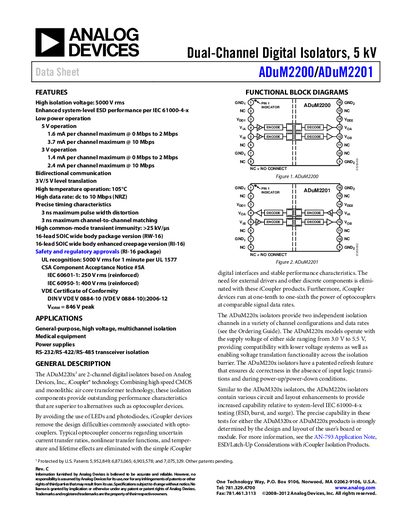 Analog Devices ADuM2200/ADuM2201 Digital Isolator Datasheet - cover page