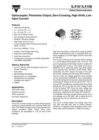 Vishay IL410/IL4108 Optocoupler Datasheet - cover page