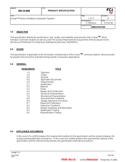 FCI GS-12-006 Connector System Product Specification - cover page