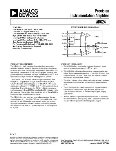 Analog Devices AD624 Instrumentation Amplifier Datasheet - cover page