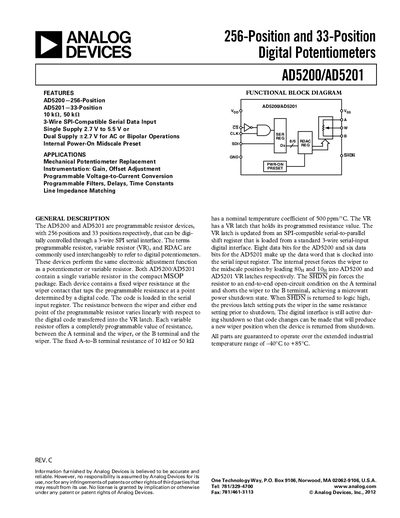 Analog Devices AD5200 and AD5201 Datasheet - cover page