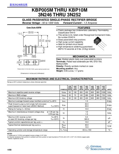 GENERAL SEMICONDUCTOR KBP005M THRU KBP10M 3N246 THRU 3N252 handbook - cover page