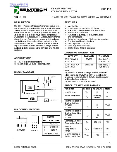 Semtech SC1117 Voltage Regulator Datasheet - cover page