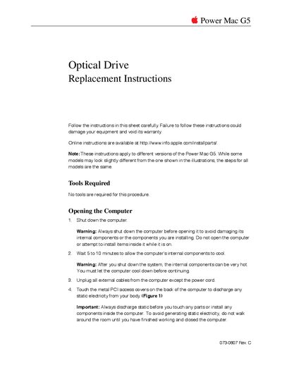 Apple Power Mac G5 Optical Drive Replacement Instructions - cover page