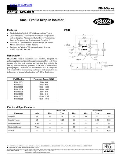 M/A-COM FR42-Series Small Profile Drop-In Isolator Datasheet - cover page
