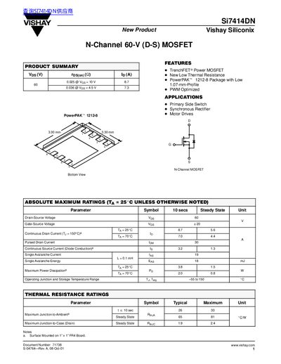Vishay Si7414DN N-Channel MOSFET Datasheet - cover page