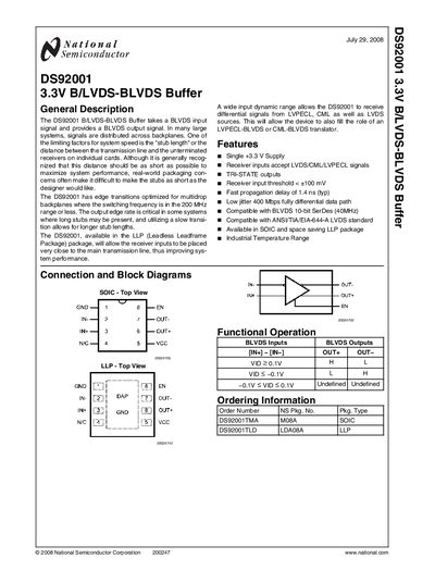 National Semiconductor DS92001 3.3V B/LVDS-BLVDS Buffer Datasheet - cover page