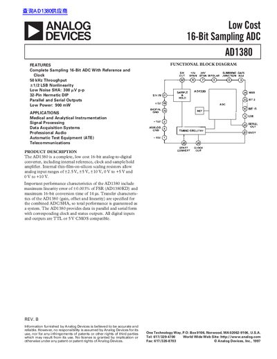 ANALOG DEVICES AD1380 Low Cost 16-Bit Sampling ADC handbook - cover page