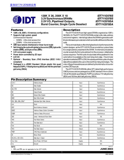 IDT IDT71V2576S 128K x 36 Synchronous SRAM Datasheet