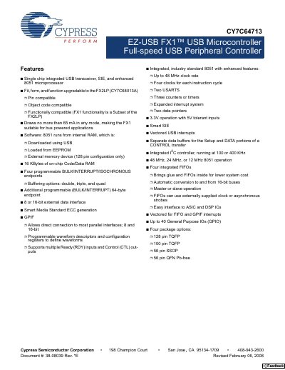 Cypress CY7C64713 EZ-USB FX1 USB Microcontroller User Manual