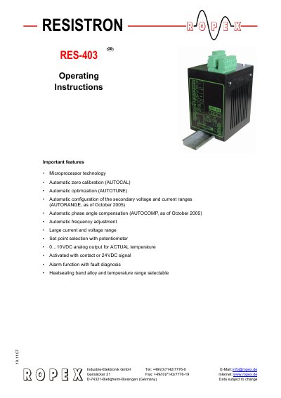 ROPEX RES-403 Temperature Controller Operating Instructions - cover page