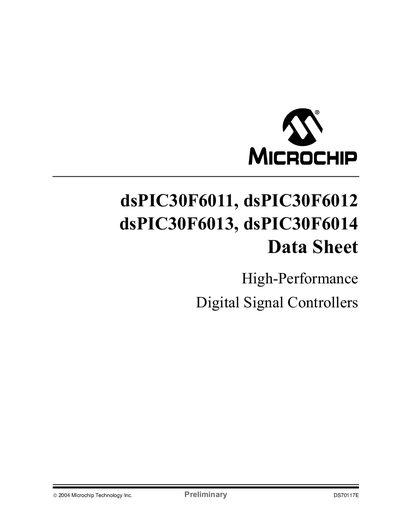 MICROCHIP dsPIC30F6011 dsPIC30F6012 dsPIC30F6013 dsPIC30F6014 Data Sheet - cover page