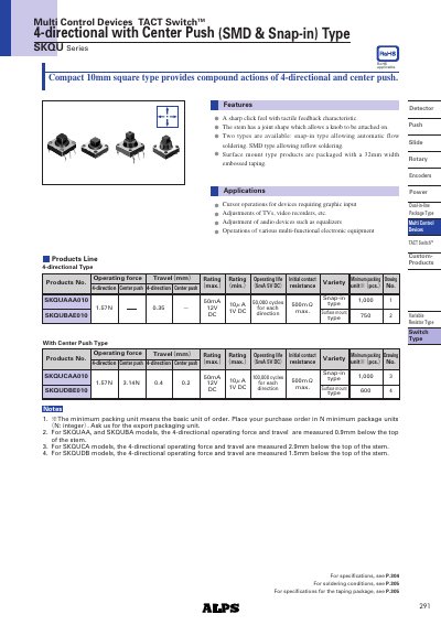 Multi Control Devices SKQU Series 4-Directional TACT Switch with Center Push Handbook - cover page