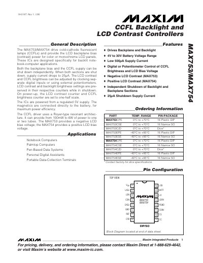 Maxim MAX753/MAX754 CCFL Backlight and LCD Contrast Controllers Datasheet - cover page