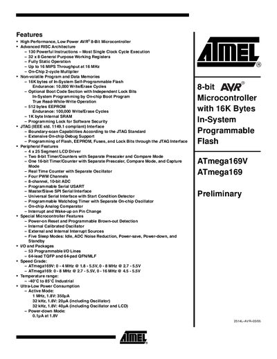Atmel ATmega169V ATmega169 Preliminary Datasheet