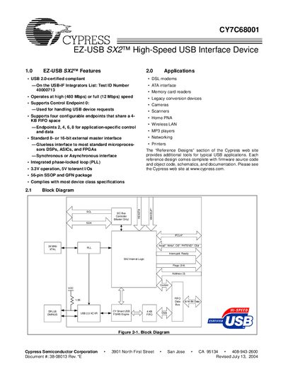 Cypress CY7C68001 EZ-USB SX2 Data Sheet - cover page