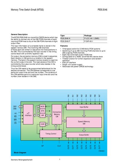 Siemens PEB 2046 Memory Time Switch Small Datasheet - cover page