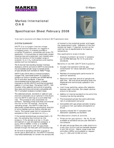 Markes International CIA 8 Specification Sheet - cover page