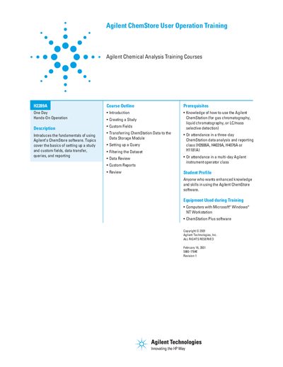 Agilent ChemStore User Operation Training H2289A Handbook - cover page