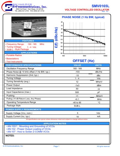 Z-Communications SMV0165L Voltage Controlled Oscillator Datasheet - cover page