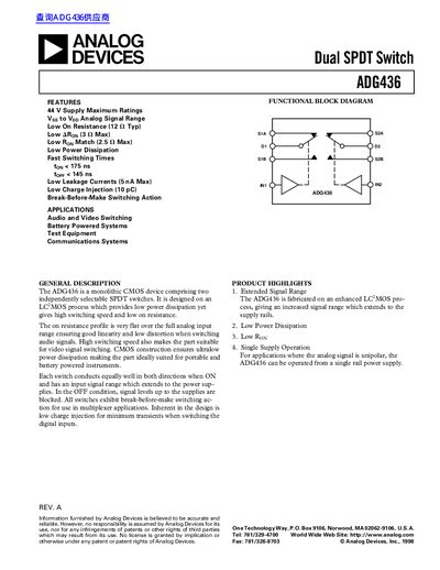 Analog Devices ADG436 Dual SPDT Switch Datasheet