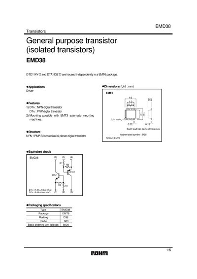 ROHM EMD38 General Purpose Isolated Transistor Datasheet - cover page