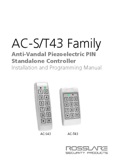 Rosslare AC-S/T43 Anti-Vandal Piezoelectric PIN Standalone Controller Installation and Programming Manual - cover page