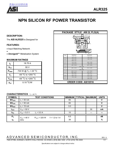 ASI ALR325 NPN Silicon RF Power Transistor Datasheet - cover page