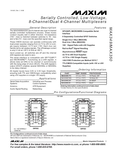 Maxim Integrated MAX349/MAX350 Serially Controlled Low-Voltage Multiplexer Data Sheet - cover page
