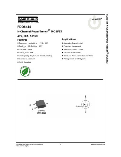 Fairchild Semiconductor FDD8444 N-Channel PowerTrench MOSFET Datasheet - cover page
