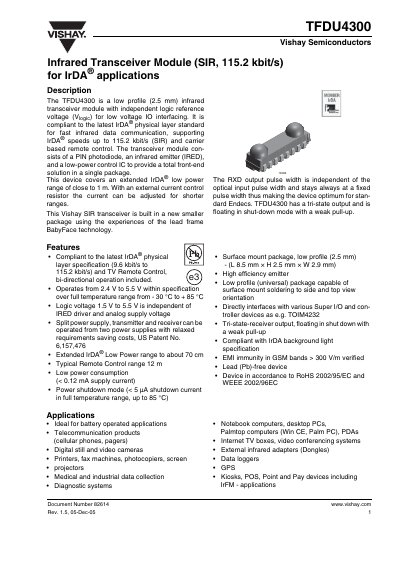 Vishay TFDU4300 Infrared Transceiver Module Datasheet - cover page