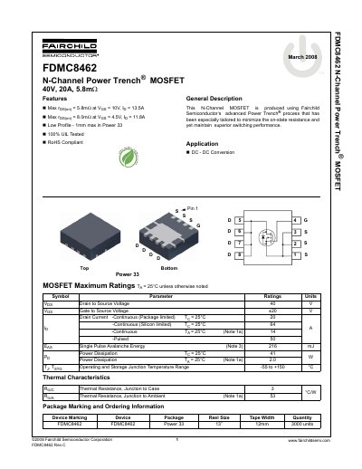 Fairchild FDMC8462 N-Channel Power Trench MOSFET Datasheet - cover page