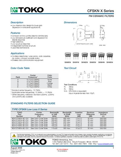 TOKO CFSKN X Series Filter Selection Guide - cover page