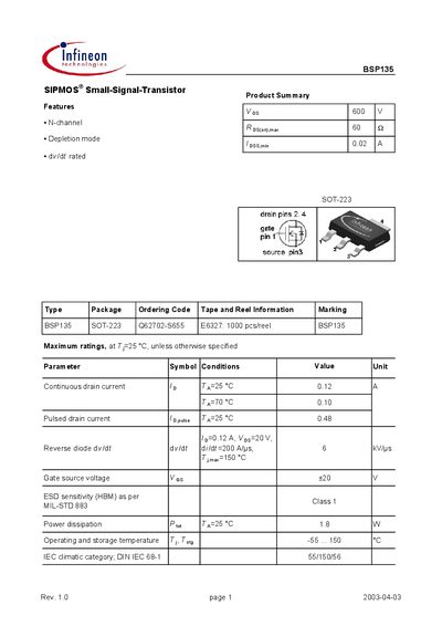 Infineon BSP135 Small‑Signal Transistor Datasheet - cover page