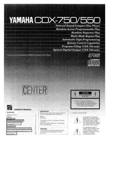 Yamaha CDX-750/550 Compact Disc Player Owner's Manual - cover page