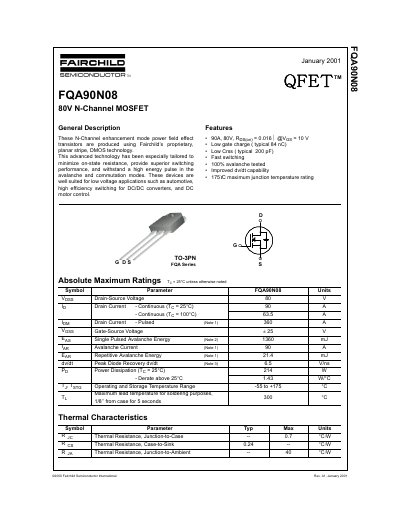 Fairchild FQA90N08 N-Channel MOSFET Datasheet - cover page