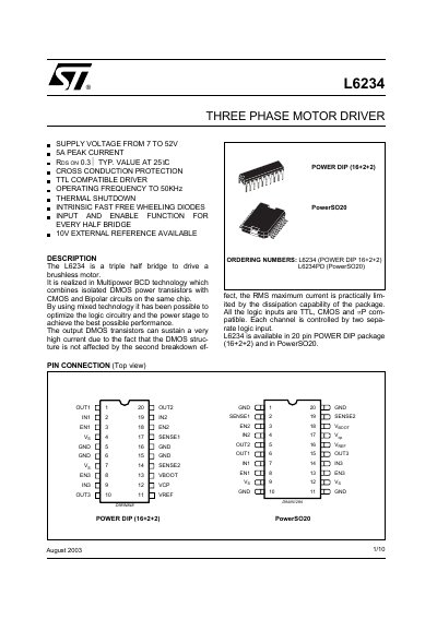 STMicroelectronics L6234 Three-Phase Motor Driver Datasheet - cover page