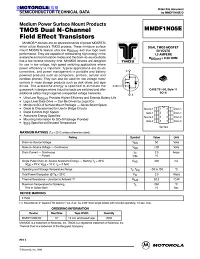 MOTOROLA MMDF1N05E Data Sheet - cover page