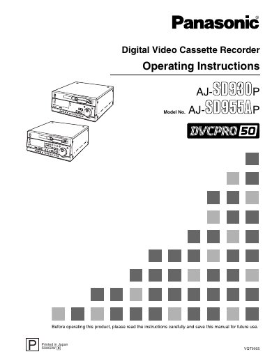 Panasonic AJ-SD930 Digital Video Cassette Recorder Operating Instructions - cover page
